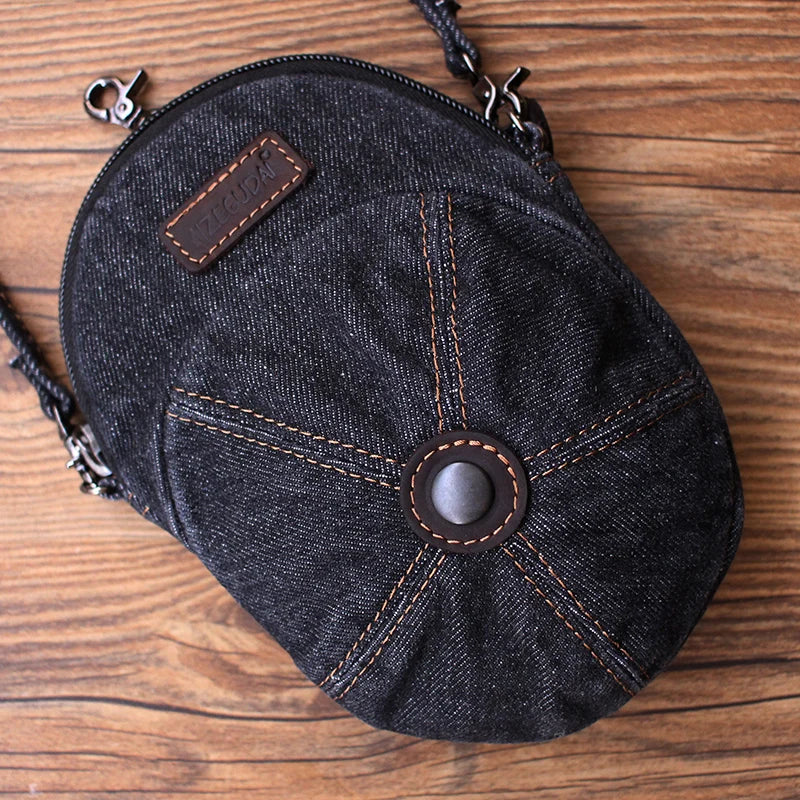 Retro Denim Mobile Phone Bag Unisex  Crossbody Casual Versatile Trendy Korean Style Zipper Closure Pure Color round Shape