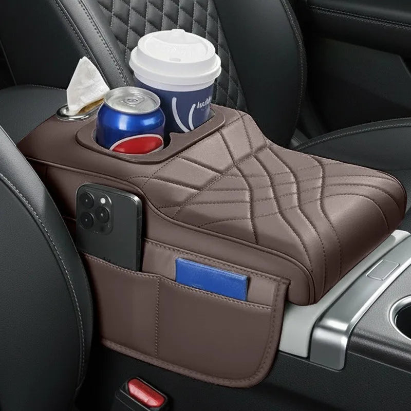 High-Low Style Car Armrest Box Cushion-An Armrest Cover with 2Side Pockets,2Cup Holders and 1 Tissue Box.Suitable for Most Cars