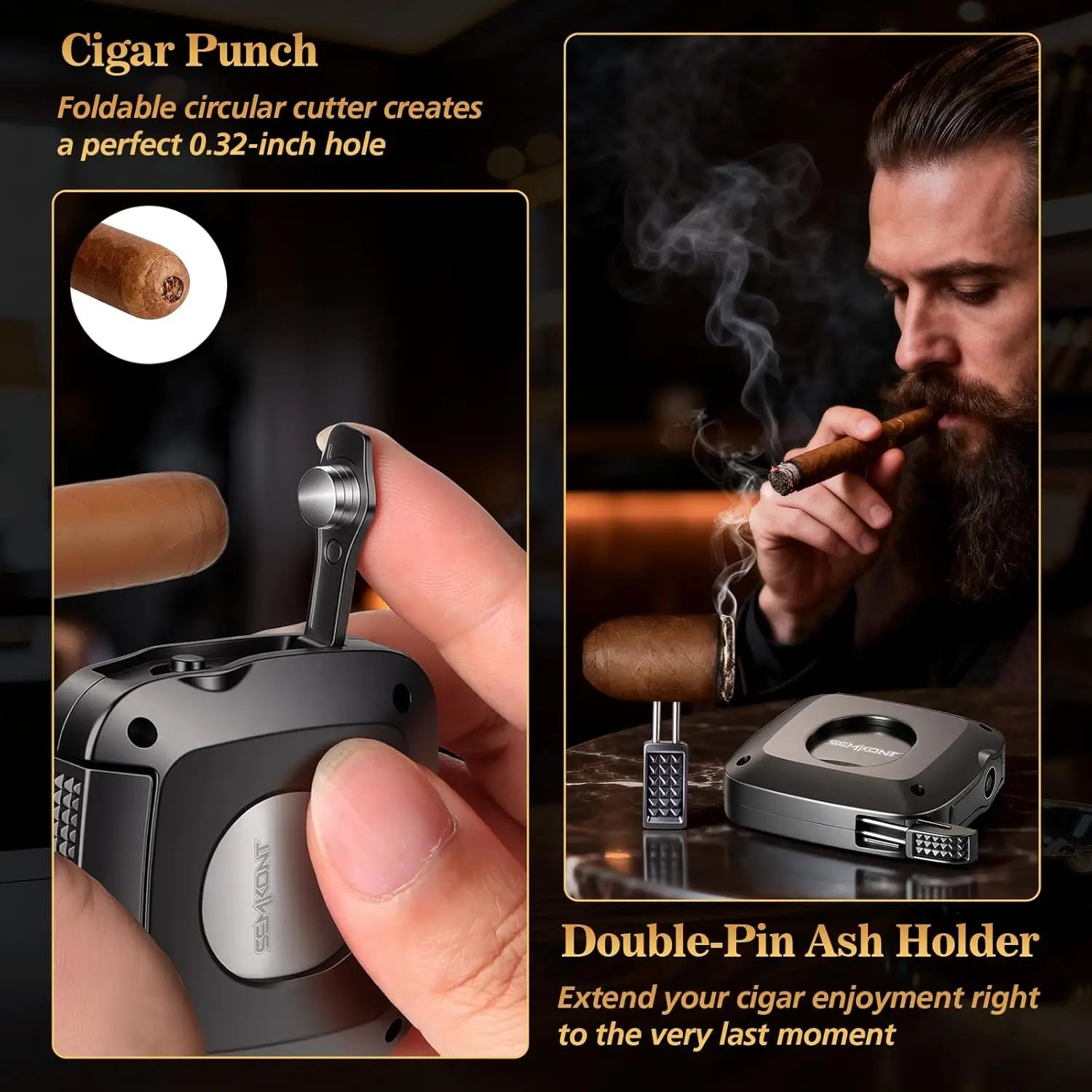 Cigar Cutter,Stainless Steel V/S-Shaped Cutter,Multifunctional Cigar Guillotine with Punch,Cigar Holder and Dual-Pin Ash Holder