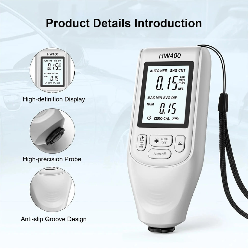 HW400 Handheld Coating Thickness Gauge 0‑2000µm Digital Fe/NFe Paint Film Tester for Car Body Industrial Magnetic Eddy Current