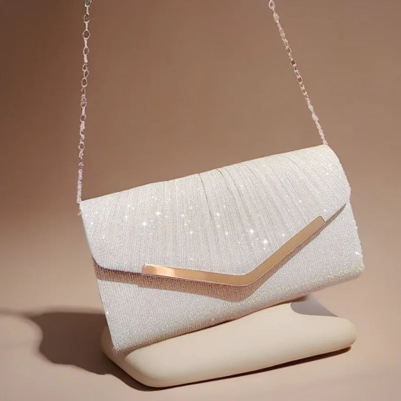 Shiny Pleated Shoulder Crossbody Bag Elegant Glitter Envelope Clutch Bag with Detachable Chain Strap for Evening Party & Wedding