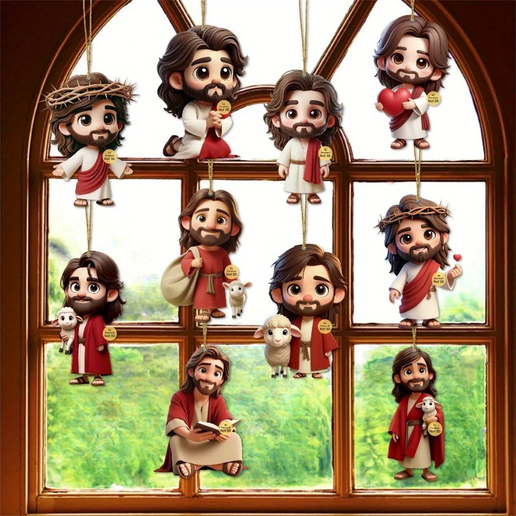 10PCS Jesus Car Ornament 2D Acrylic Jesus Rear View Mirror Accessories Charm Ornament for Backpack Bag Keychain Car Vehicle