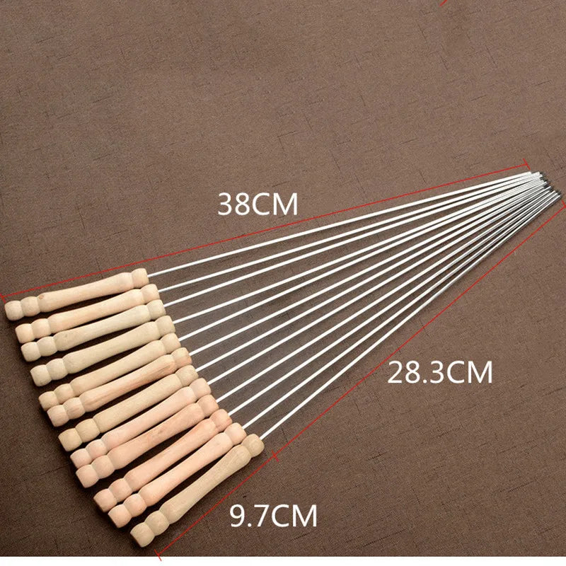 38CM Hot BBQ Skewers Long Handle Shish Kebab Barbecue Grill Sticks Wood BBQ Fork Stainless Steel Outdoor Bold Round Sign Needle