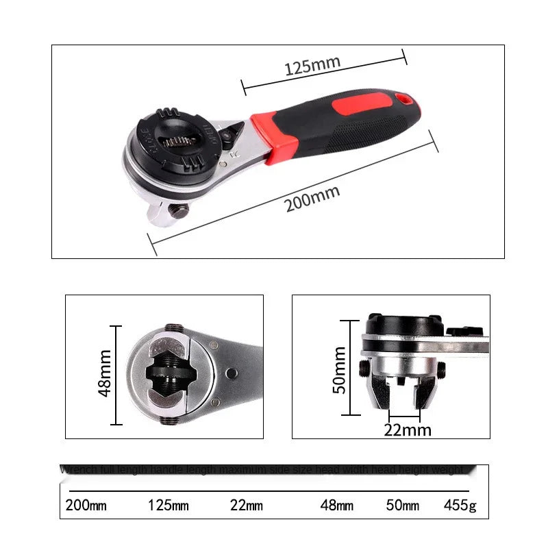 Multi-functional Adjustable 6-22mm Universal Ratchet Wrench  Chrome Molybdenum Steel Straight Handle