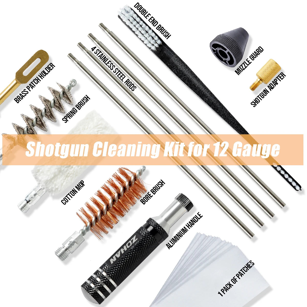 ZOHAN 12 Gauge Shotgun Cleaning Kit – Stainless Steel Rods, Bore Brush, Patches, Muzzle Guard & More (Compact & Beginner-Friendl
