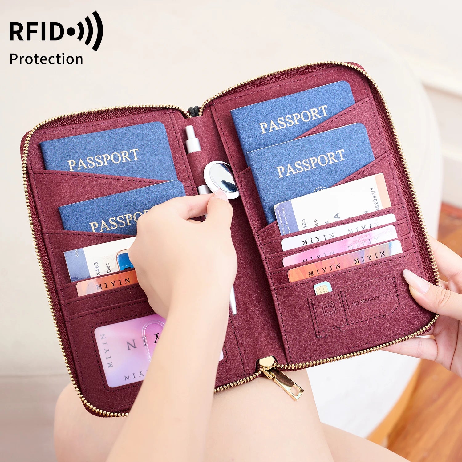 Multi-Functional RFID Blocking Passport Bag Travel Document Holder with Long Zipper Ticket Storage Wallet for Multiple Passports