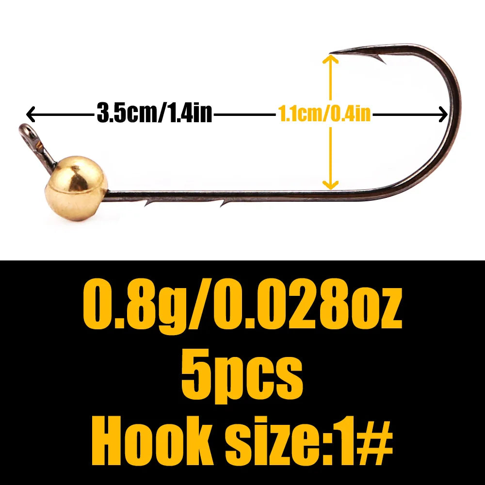 B&U 5pcs Micro Jig Head Fishing Hooks Set 0.5g-4g Copper Head Mini Crank Jig Fishhook for Soft Worm Lure Fishing Accessories