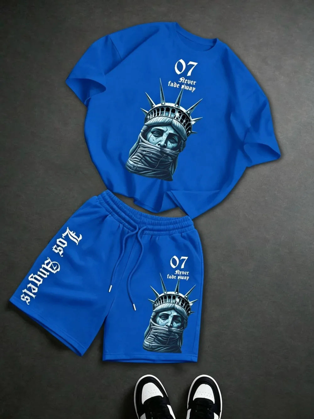 New men's summer retro Statue of Liberty print soft and breathable round neck T-shirt drawstring shorts set outdoor streetwear