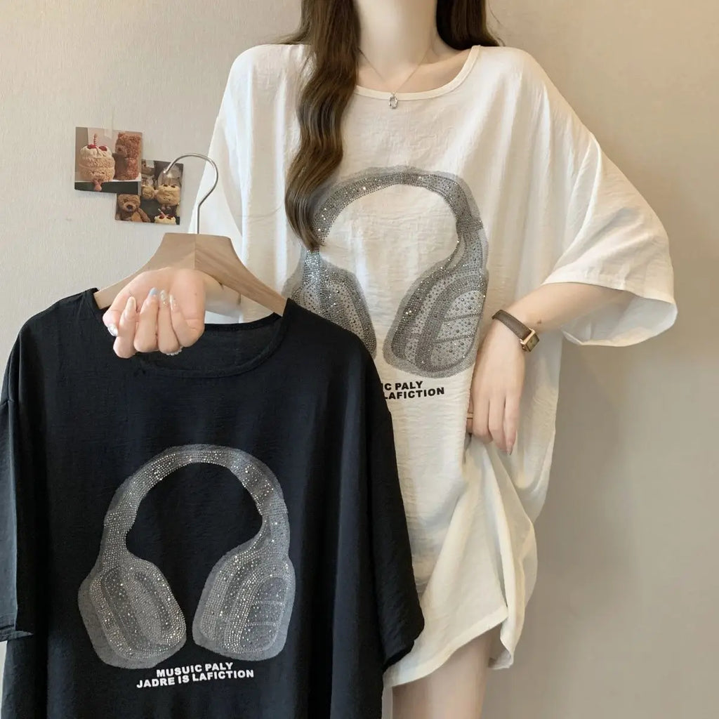Plus-size women's spring and summer hit loose slimming crinkled ice silk heavy-duty iron-on rhinestone short-sleeve T-shirt
