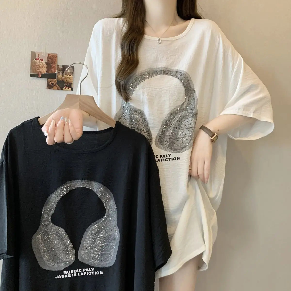 Plus-size women's spring and summer hit loose slimming crinkled ice silk heavy-duty iron-on rhinestone short-sleeve T-shirt
