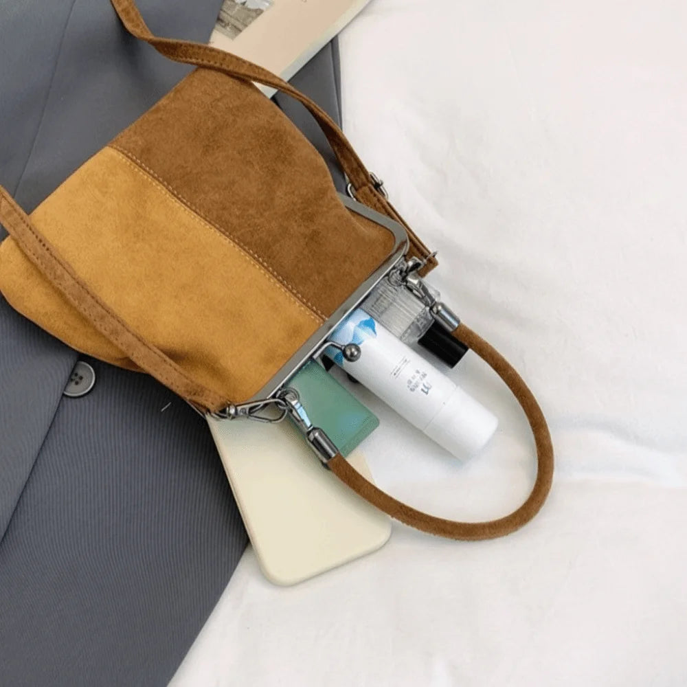 Large Capacity Retro Frosted Handbag Kiss Lock PU Leather Crossbody Bag Clip Closure Short Handle Clutch Shoulder Bag Shopping