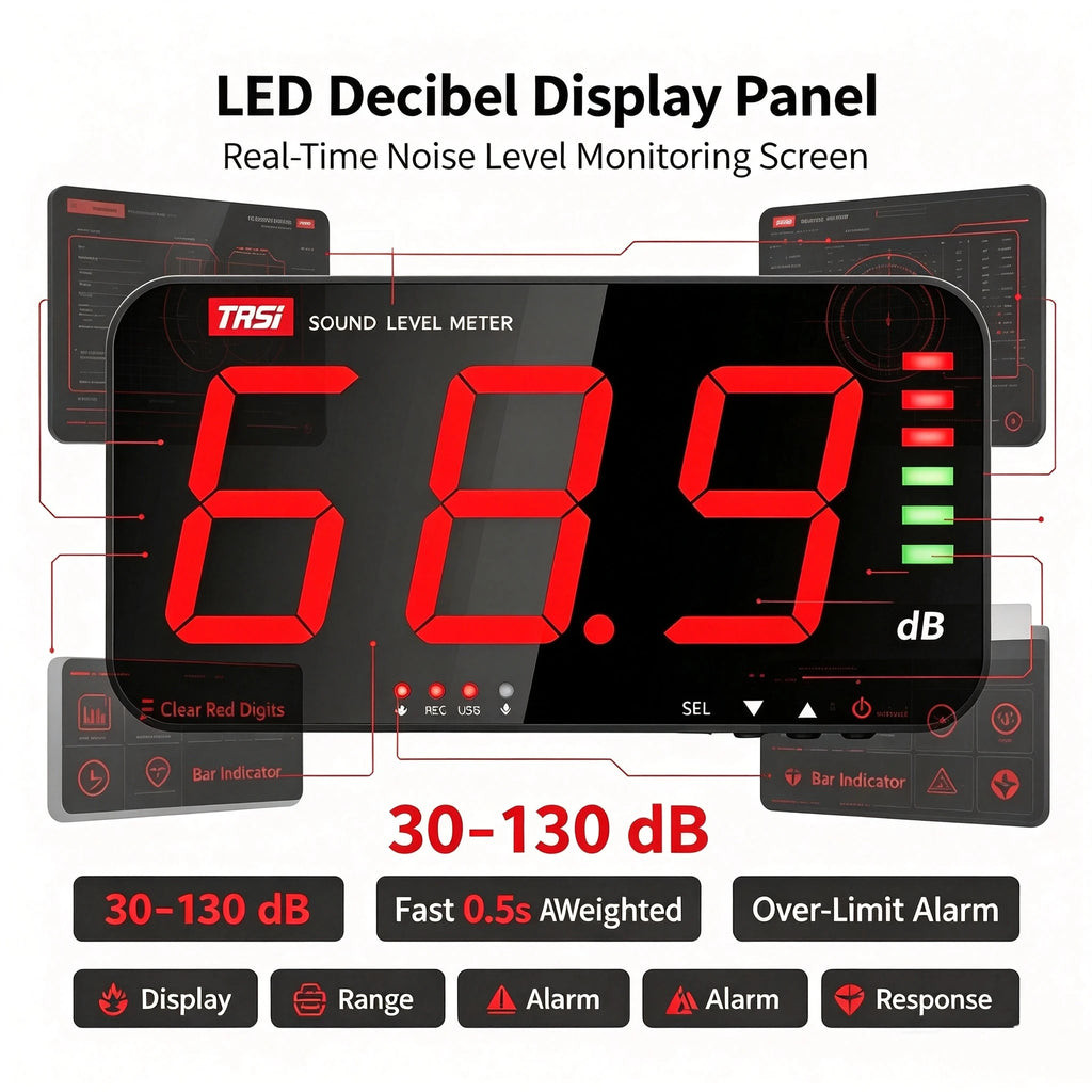 Sound Level Display Panel - Decibel DB Monitor 30-130dB 0.5s Alarm LED Screen Factory Bar Classroom Office Noise Detect
