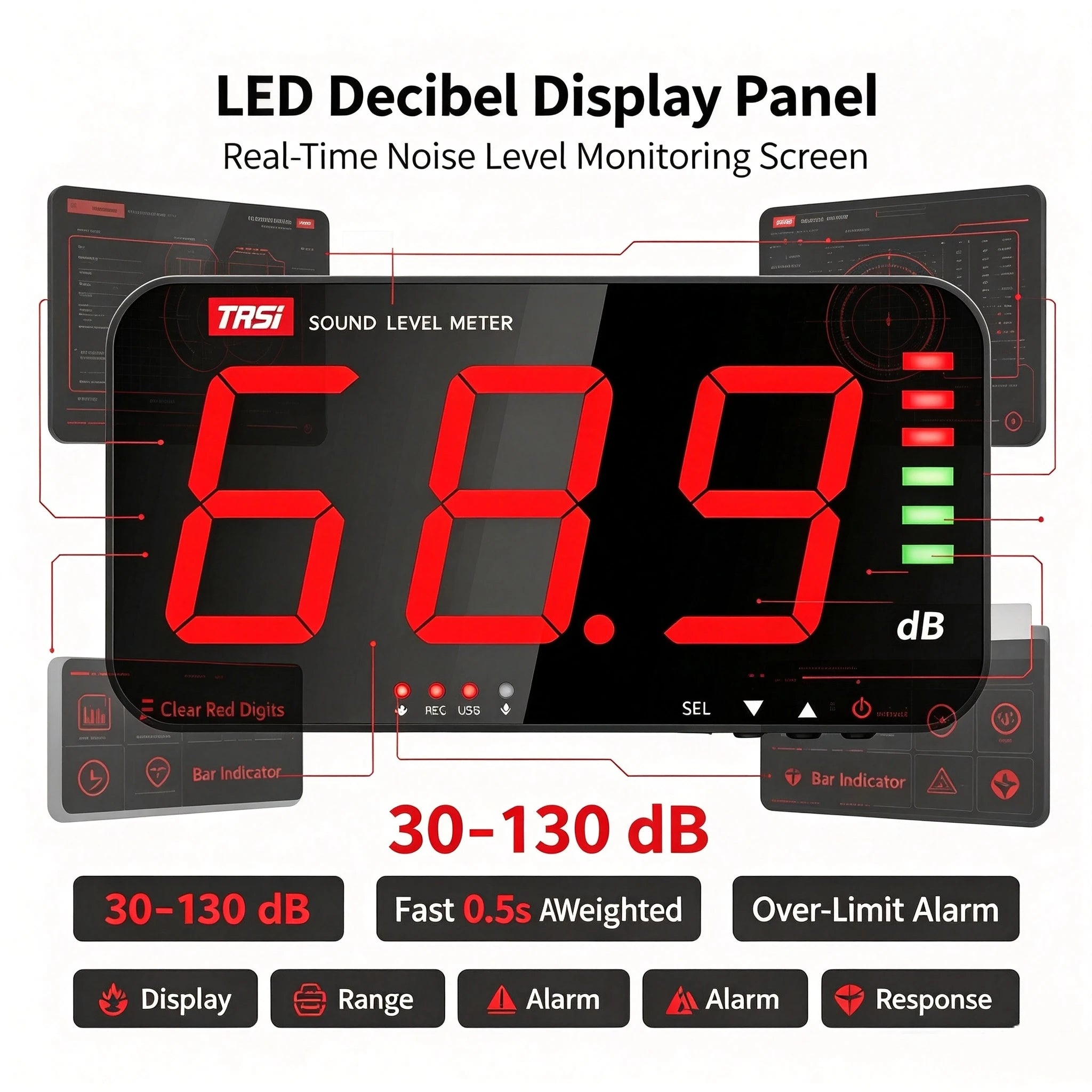Sound Level Display Panel - Decibel DB Monitor 30-130dB 0.5s Alarm LED Screen Factory Bar Classroom Office Noise Detect