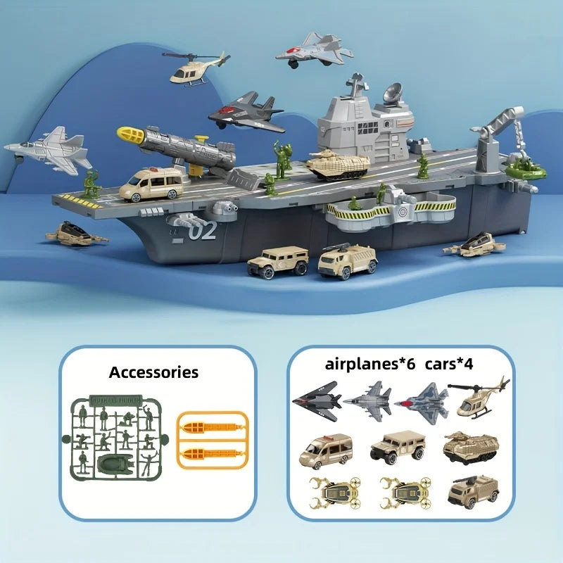 Children's Aircraft Carrier Toys Set with Military Action Figures, Aircraft Toys, Military Tanks, Helicopters and Fighter Jets