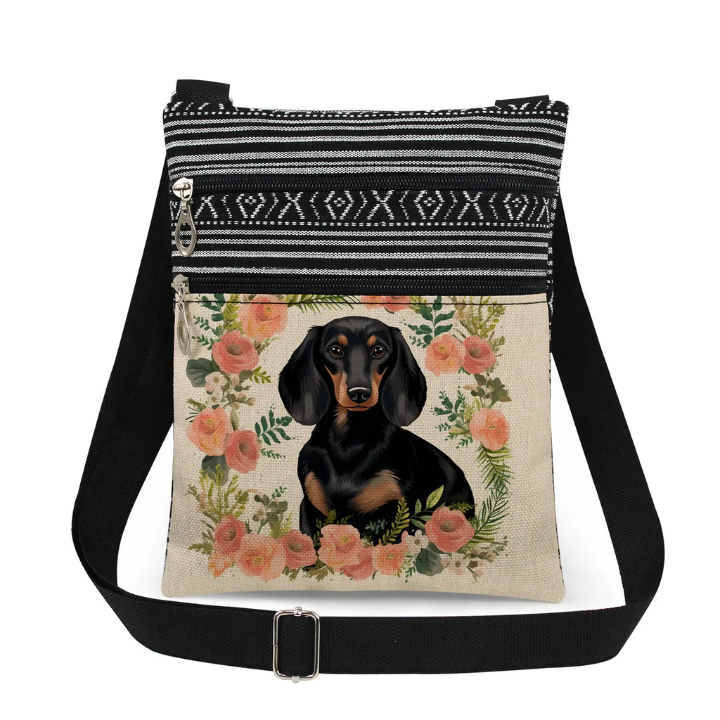 Cute Dachshund Print Crossbody Bag Female Floral Animal Shoulder Bags Fashion Outdoor Portable Double Zipper Lady Messenger Bag