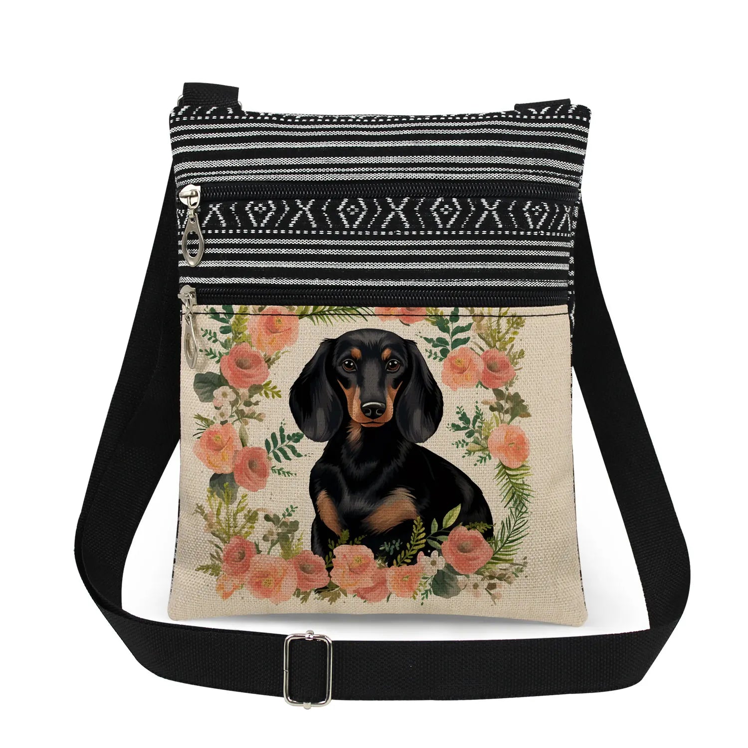 Cute Dachshund Print Crossbody Bag Female Floral Animal Shoulder Bags Fashion Outdoor Portable Double Zipper Lady Messenger Bag