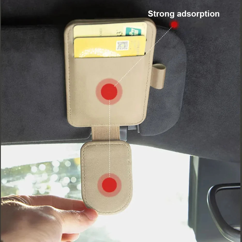 Car Sun Visor Sunglasses Holder Magnetic PU Leather Eyeglass Clip Universal Auto Card Storage Glasses Organizer for Vehicle