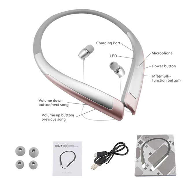 HBS-1100 Stereo Bluetooth Headphone Binaural Hand-free Neckband Earphones Fashion Mini Wireless Headset Binaural Mini Universal