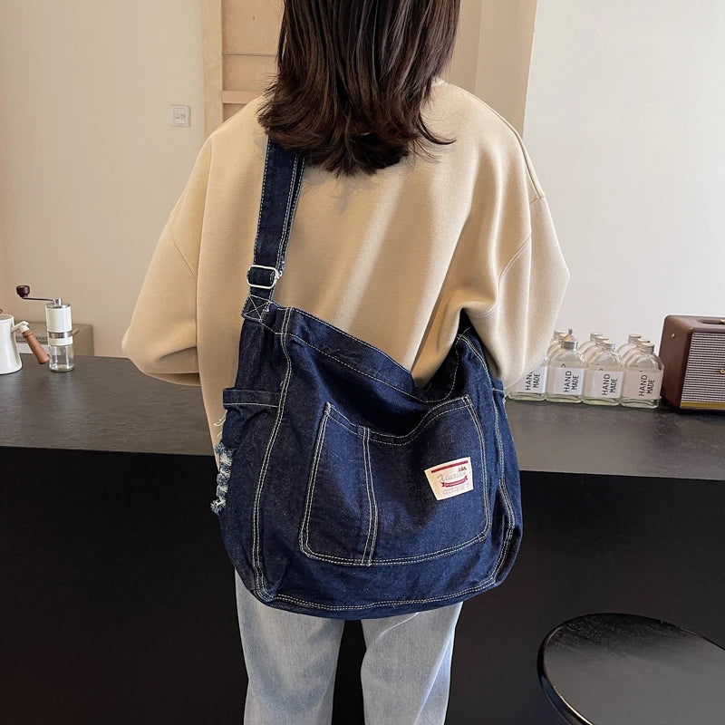 Sewing Thread Denim Zipper High Quality Shoulder Bags Large Capacity Commute Style 2025 New Youth Women's Crossbody Bags