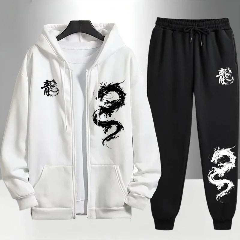 Chinese Dragon Print Tracksuit for Men Zipper Hooded Sweatshirt and Black Sweatpants Urban Causal Fashion Hoodies Outerwear Sets