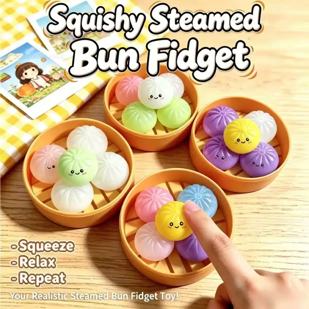 5Pcs Mini Dumplings with Steamer Bun Squeezable Toys Set Soft Stress Relief Crystal Squishy Fidget Sensory Toy Party Favors Gift