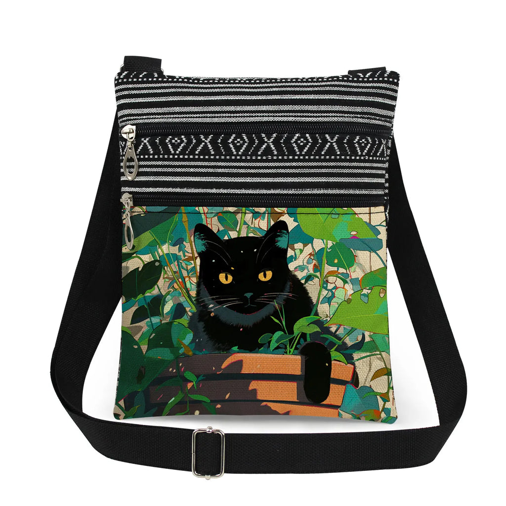 Cute Cartoon Black Cat Print Crossbody Bags Shoulder Bags For Women Daily Travel Portable Small Messenger Bags Catkeeper Gift