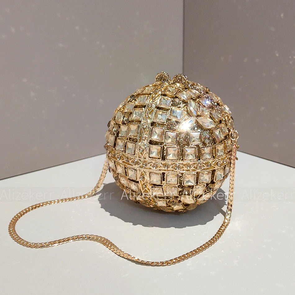 Alizekerr Ball Shaped Crystal Evening Bags Women New Boutique Bling Rhinestone Metallic Clutch Purses And Handbags Wedding Party