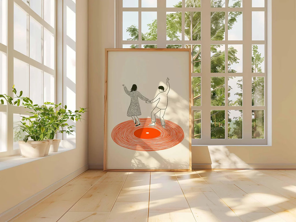 Dancing Couple Wall Art Print, Retro Record Player Poster, Modern Music Inspired Illustration for Home Bar or Living Room