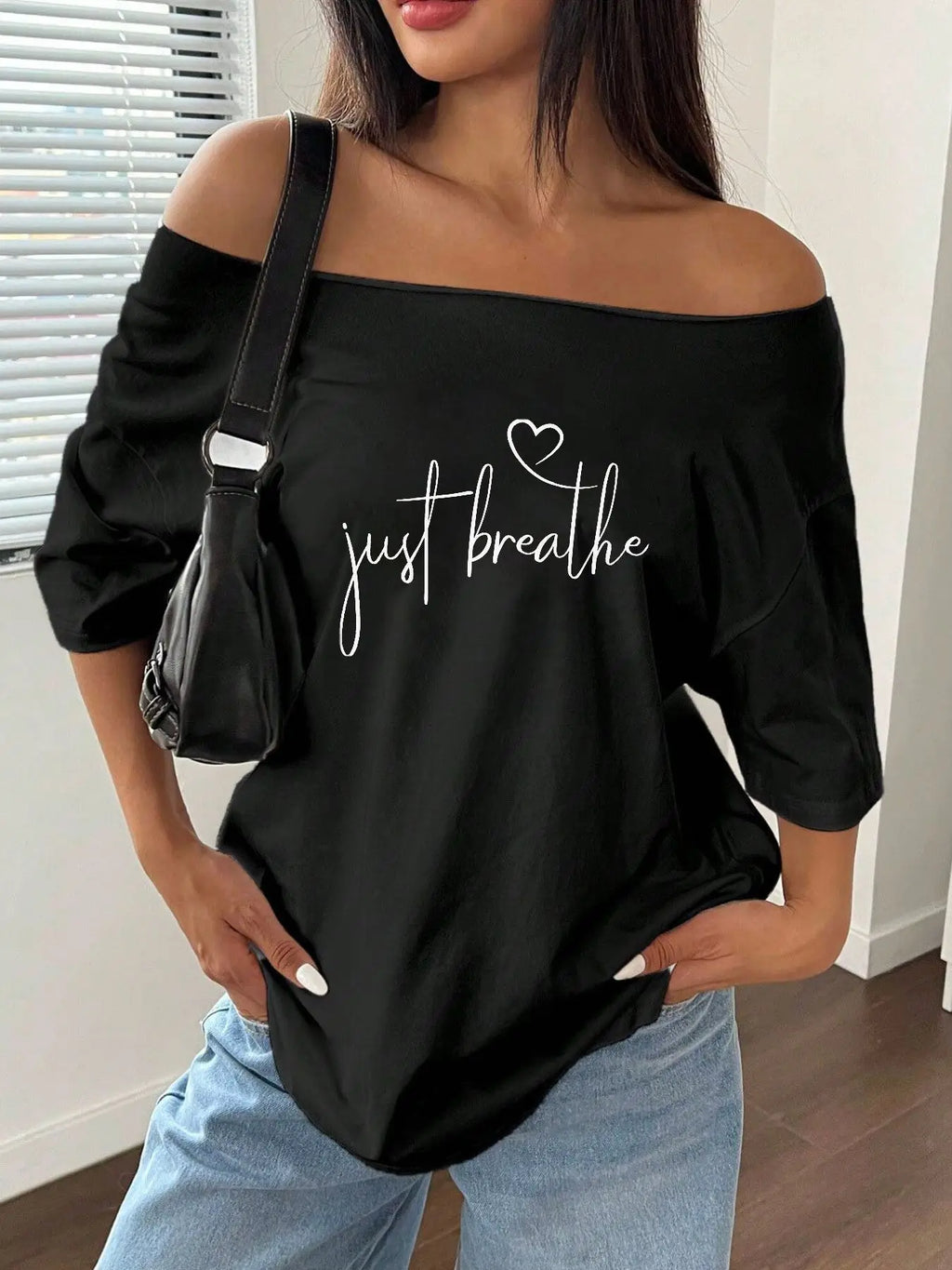 100% Cotton Plus Size Just Breathe Heart Letter Print Shoulder Loose Print T-Shirt Oversized Y2K Style Graphic Tees Women Top