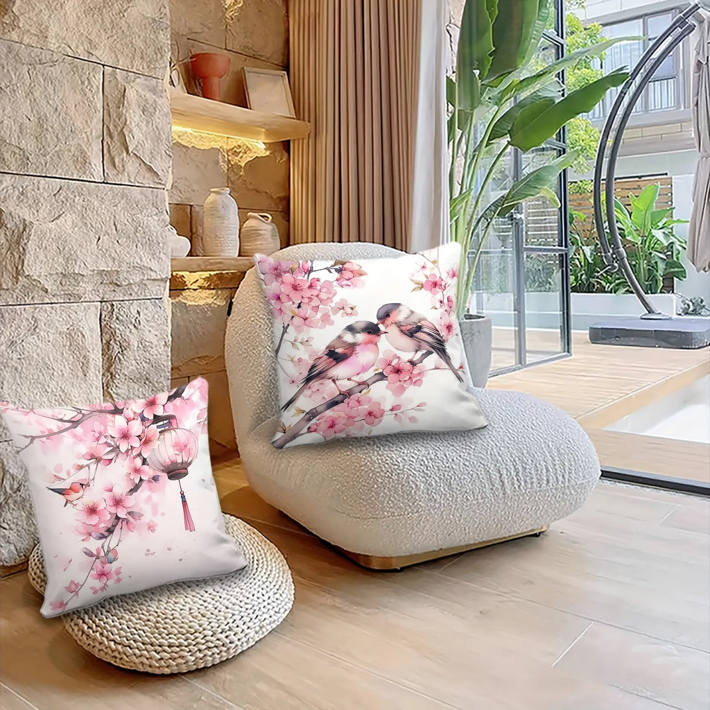 4-Piece Pillowcase Set, Square Cushion Covers with a Pink Cherry Blossom and Lantern Pattern on a White S Insert Not Included