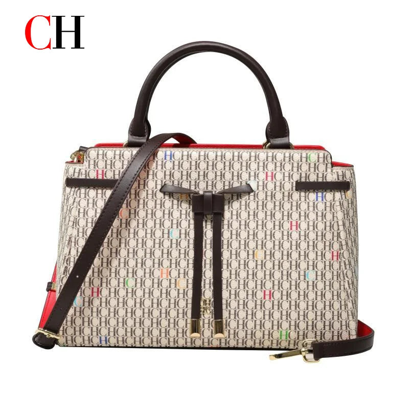CH Women's Embossed Top Handle Handbag Elegant Bow Detail Shoulder Crossbody Bag Large Capacity Commuter Office Tote Purse