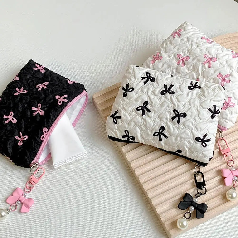1pc Color Bow Canvas Large Capacity Lipstick Air Cushion Storage Bags Women's Makeup Bag Commuter Handbag Travel Toiletry Bags