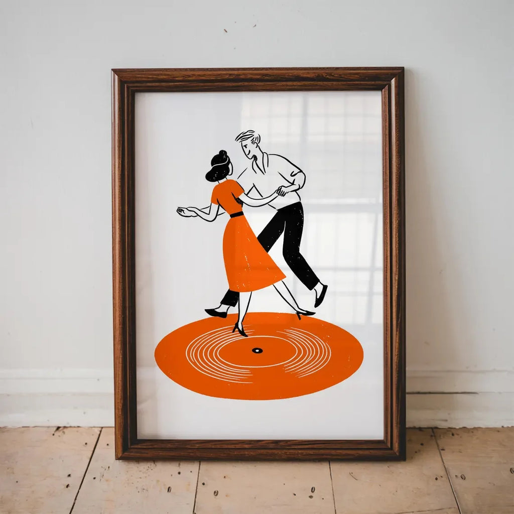 Dancing Couple Wall Art Print, Retro Record Player Poster, Modern Music Inspired Illustration for Home Bar or Living Room