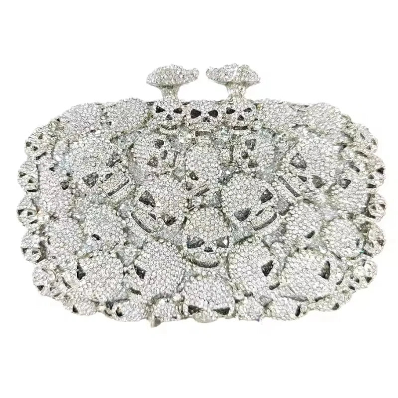 WHTUOHENG Skull Style Women Crystal Clutch Purse Metal Hard Box Handbag For Designer Rhinestone Female Diamond Party Prom Bags