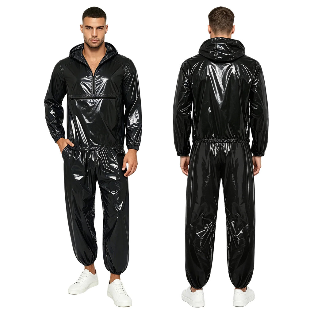 Mens Waterproof Tracksuit Sauna Sweat Outfit Zipper Pocket Hoodie Sweatshirt Windbreaker And Jogging Pants Rainwear Sportswear