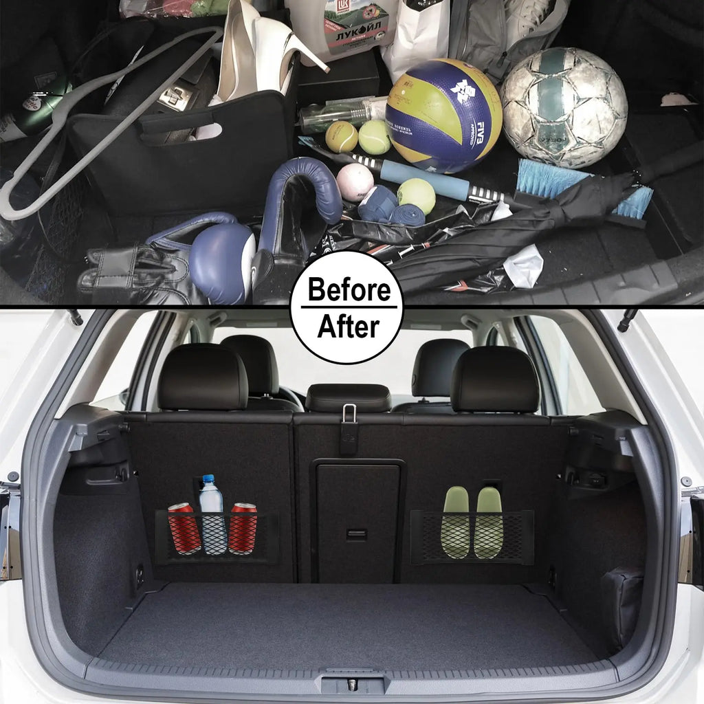 Car Trunk Net Car Double Storage Network Bag Auto Seat Back Fixed Mesh Pocket Universal Car Elastic Velcro Straps Net Organizer