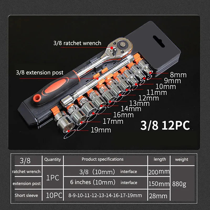 1/4 3/8 1/2 inch Socket Wrench Set Extension Rod Multi-function Ratchet Spanner Set for Car Motorcycle Repair Hand Tool Set Case