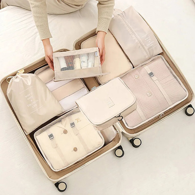 9Pcs Travel Packing Cubes Set Waterproof Luggage Organizer with Drawstring Pouches for Clothes Shoes Cosmetics Underwear - Suitc