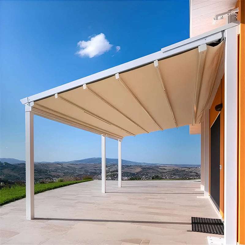 Motorized Retractable Pergola Roof Waterproof Sunproof Folding Awning with Integrated LED Lighting for Patios Gardens