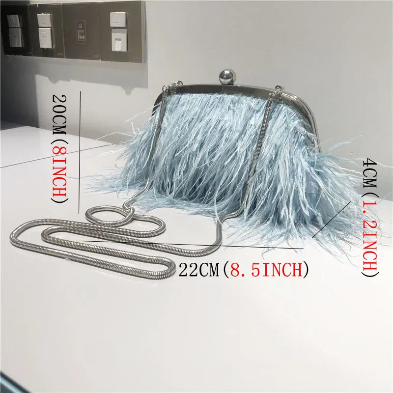 New Ostrich Hair Evening Clip Clutch Bag Fashion Lady Wedding Party Pouch Bag Chain Shoulder Crossbody Ostrich Feather Bag