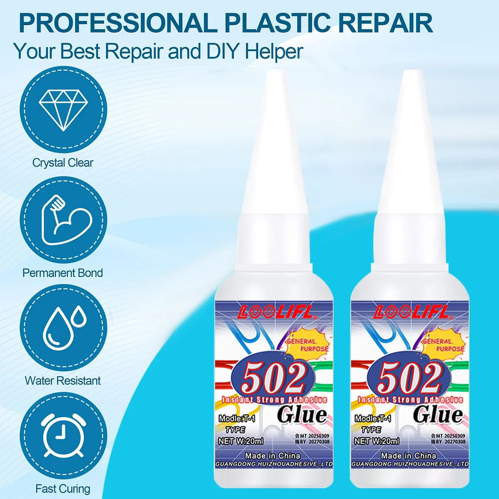 Loolifl, 502 Super Glue, Instant Adhesive, Cyanoacrylic Acid, Strong Repair for Plastics, Wood, and Furniture (with Glue Opener)