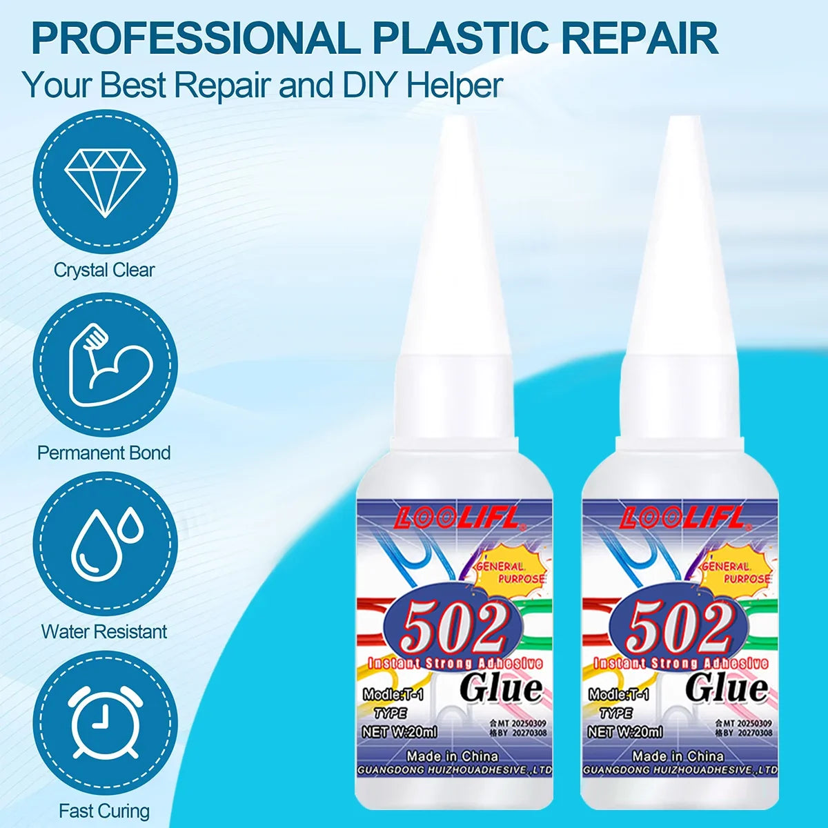 Loolifl, 502 Super Glue, Instant Adhesive, Cyanoacrylic Acid, Strong Repair for Plastics, Wood, and Furniture (with Glue Opener)