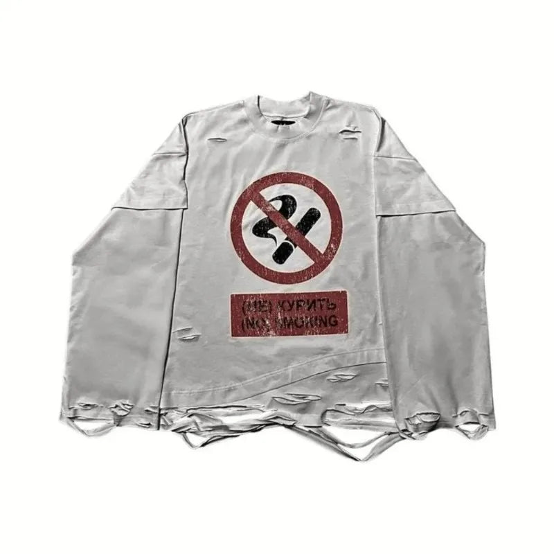 No Smoking Graphic Long Sleeve T-Shirt Men Distressed Grunge Style Oversized Top Vintage Anti-Smoking Sign Print Streetwear