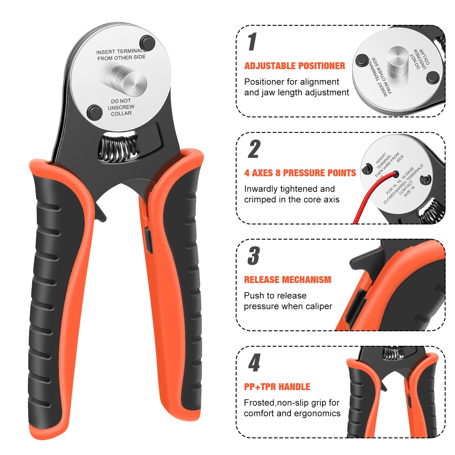 Deutsch Crimp Tool Closed Barrel Crimper 4 Way Indent 8 Impression Type Pin Crimping Tool for Deutsch Connector 14, 16, 18 AWG