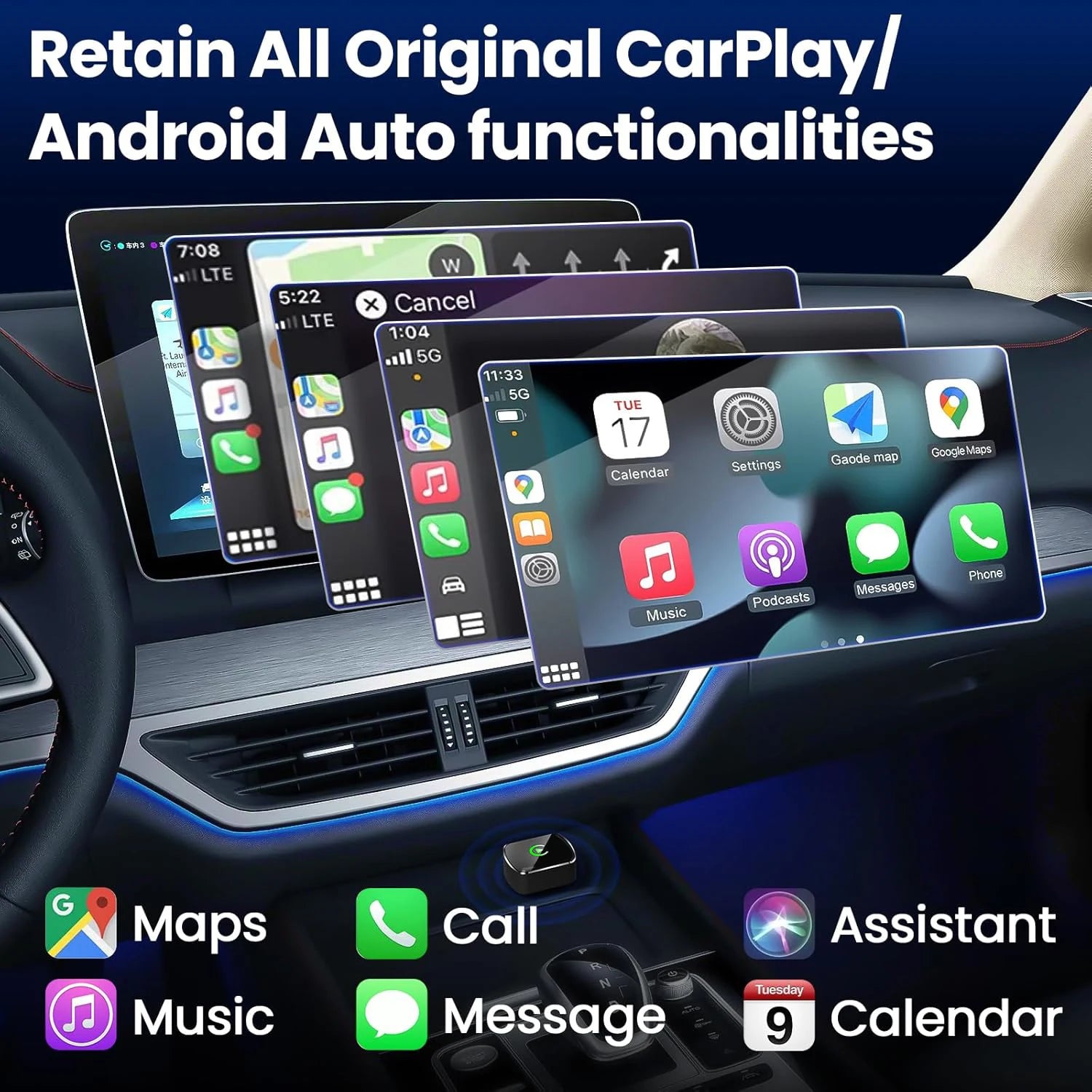 Wireless CarPlay Adapter 50% Smaller 2-in-1 Dual 5GHz WiFi 1-Min Setup for 1000+ Cars Compatible with iOS & Android