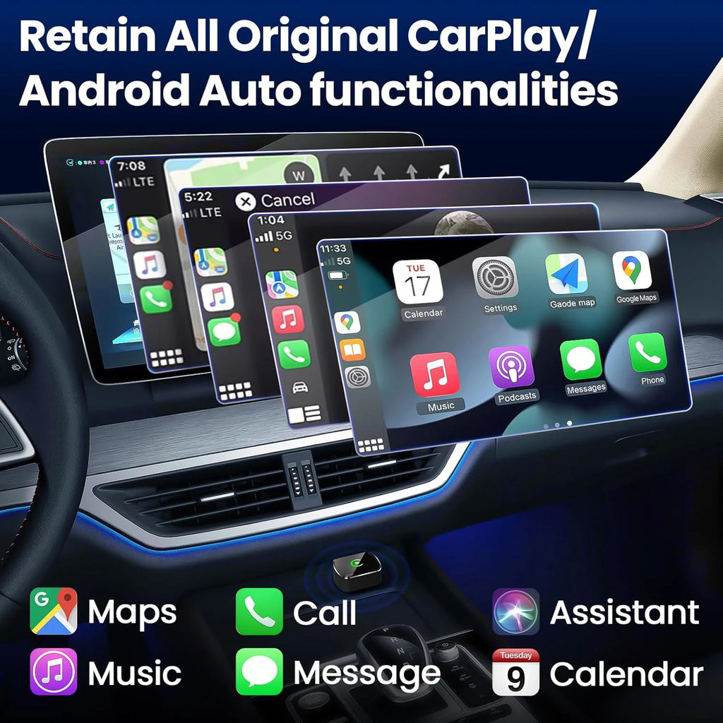 Wireless CarPlay Adapter 50% Smaller 2-in-1 Dual 5GHz WiFi 1-Min Setup for 1000+ Cars Compatible with iOS & Android