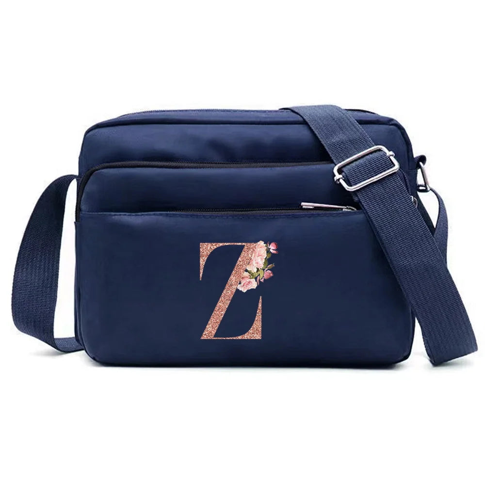 Large Capacity Travel and Commuting Storage Blue Bag Rose Gold Series Print Pattern Multi-layer One Shoulder Crossbody Bag