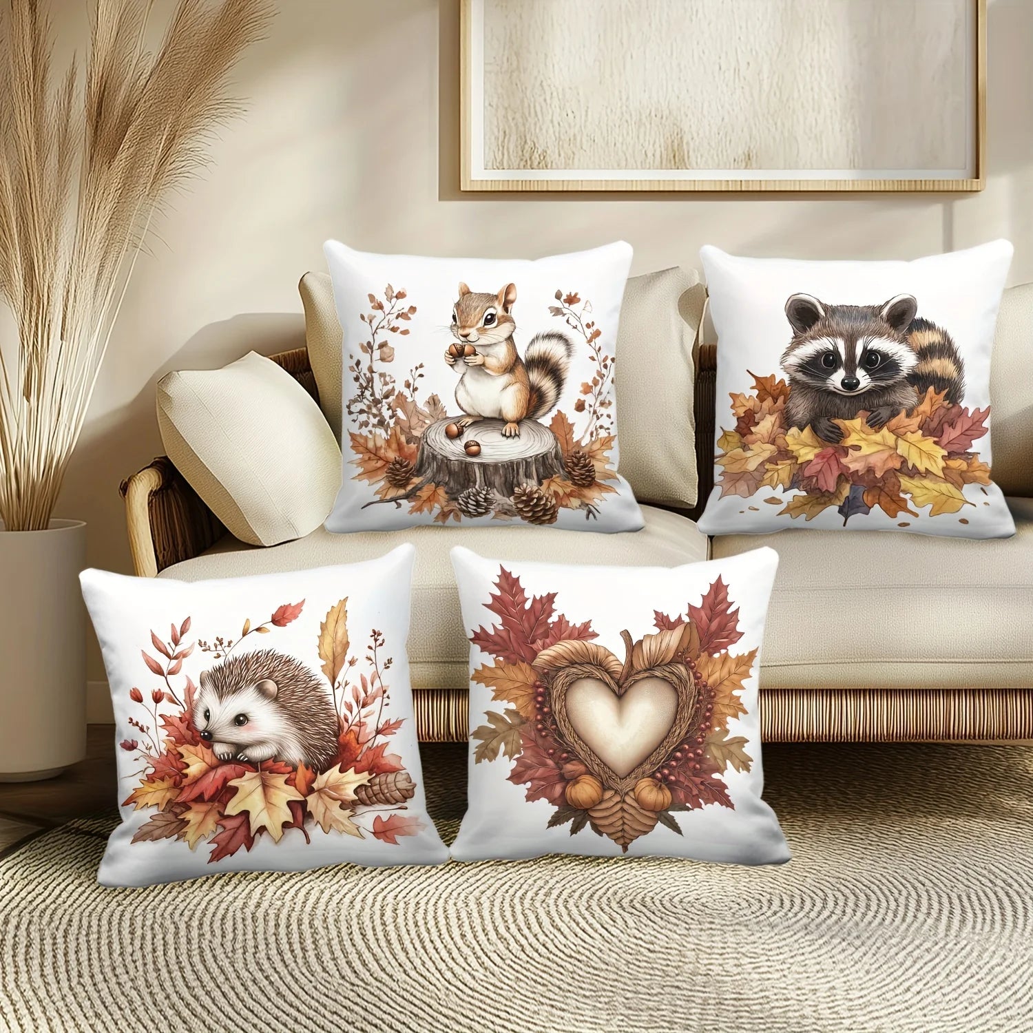 4pcs Pillow Covers, Featuring Squirrel, Hedgehog, Raccoon and Autumn Decor, Polyester Blend, Rustic Style for Home and Outdoor