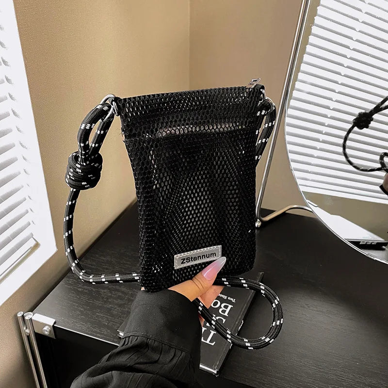 Sweet and Fresh Mobile Phone Bag for Women2025New Summer Hollow Out Single Shoulder Bag Crossbody Mesh Portable Storage Bag