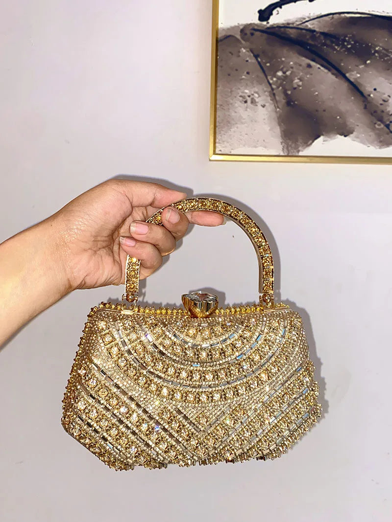 Trendy Gold Rhinestone Bag Fashionable Full Diamond Hand-Held Party Dinner Bag with Polyester Lining